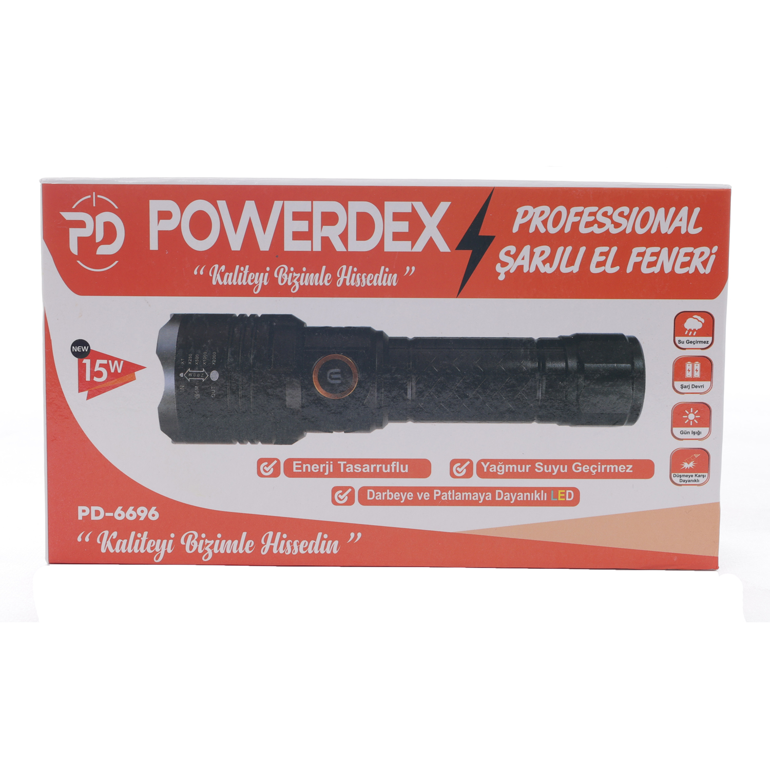 Powerdex%20PD-6696%20Yağmur%20Suyu%20Geçirmez%2015Watt%20Süper%20LED%20Profesyonel%20Şarjlı%20El%20Feneri